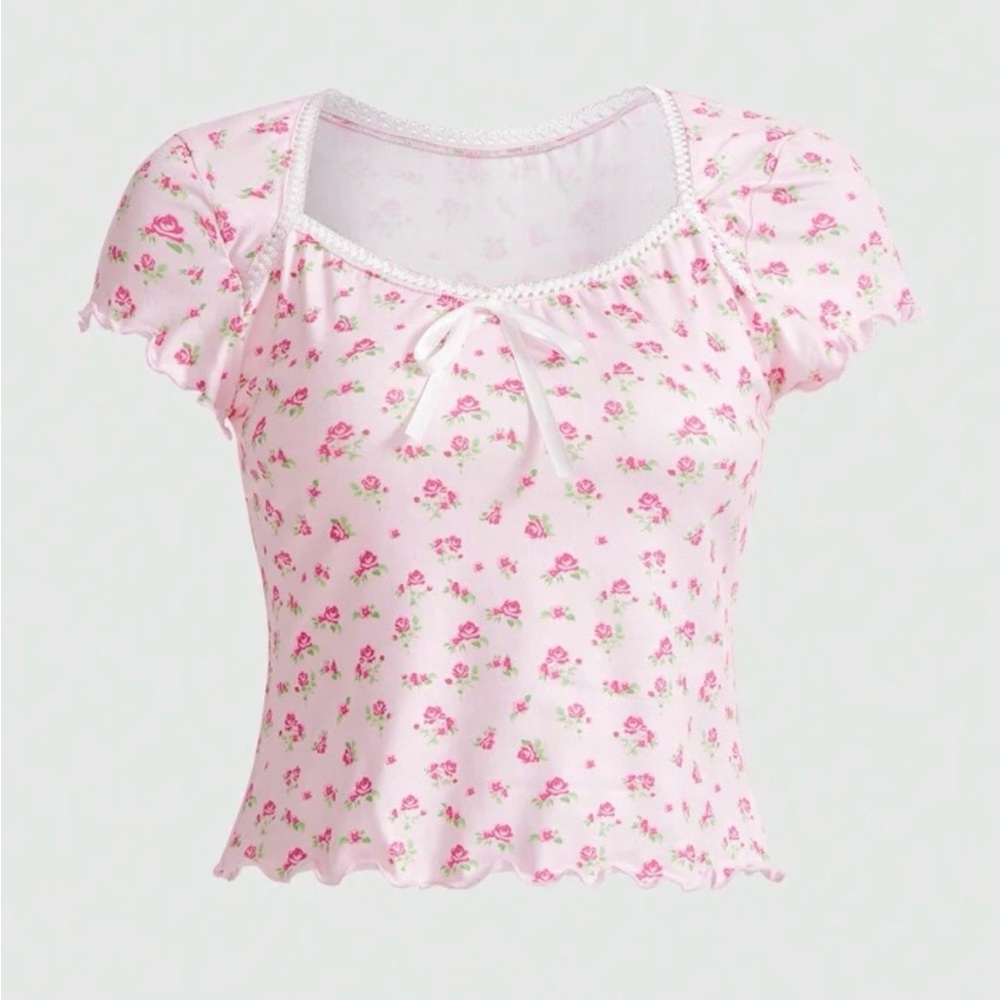ROMWE Pink Floral Blouse with Bow